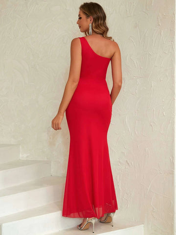 ANGEL FASHIONS Contrast Sequin One Shoulder Split Thigh Dress