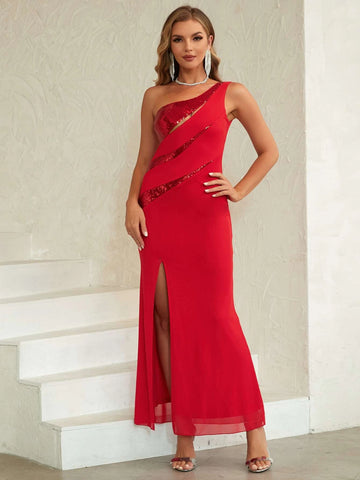 ANGEL FASHIONS Contrast Sequin One Shoulder Split Thigh Dress