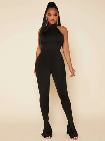 SXY Mock Neck Ruffle Hem Halter Jumpsuit