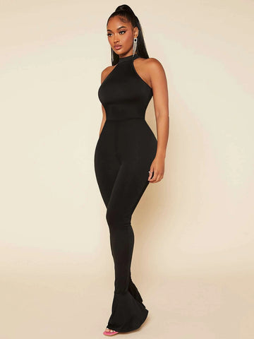 SXY Mock Neck Ruffle Hem Halter Jumpsuit