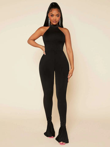 SXY Mock Neck Ruffle Hem Halter Jumpsuit
