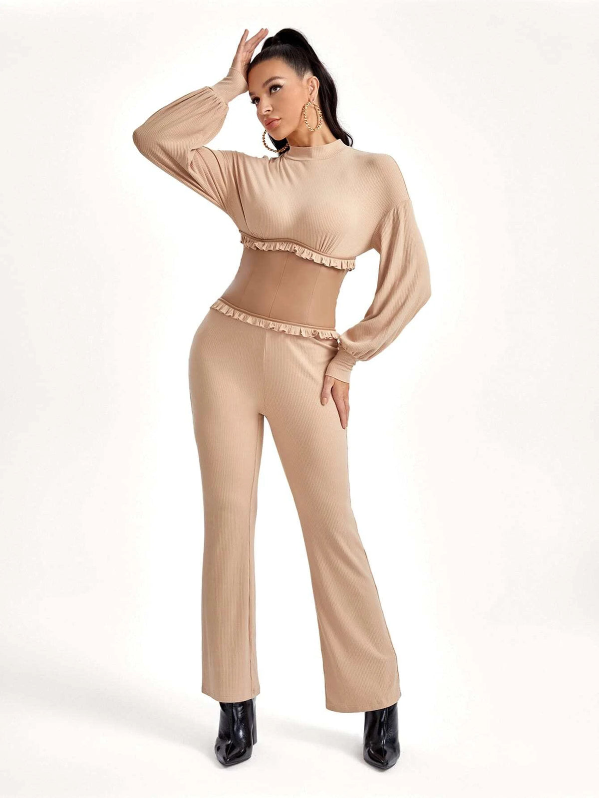 Frill Trim Dolman Sleeve Flare Leg Jumpsuit