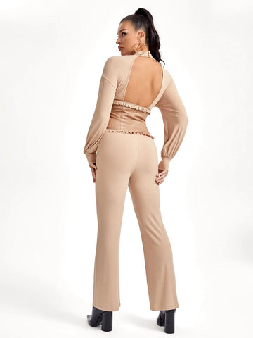 Frill Trim Dolman Sleeve Flare Leg Jumpsuit