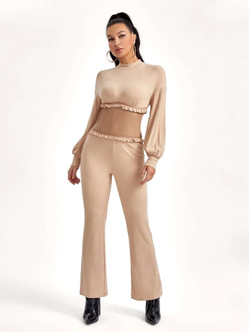 Frill Trim Dolman Sleeve Flare Leg Jumpsuit