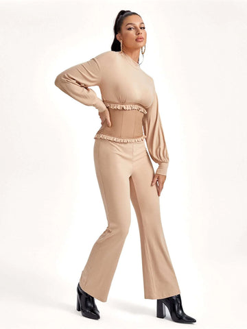 Frill Trim Dolman Sleeve Flare Leg Jumpsuit