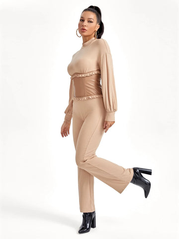 Frill Trim Dolman Sleeve Flare Leg Jumpsuit