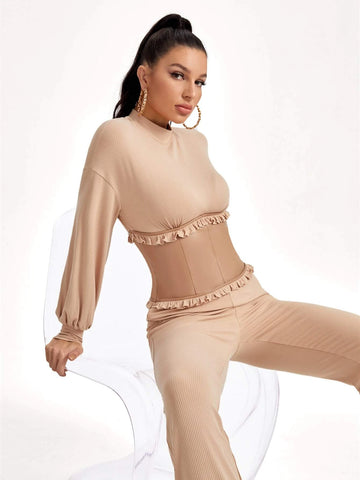 Frill Trim Dolman Sleeve Flare Leg Jumpsuit