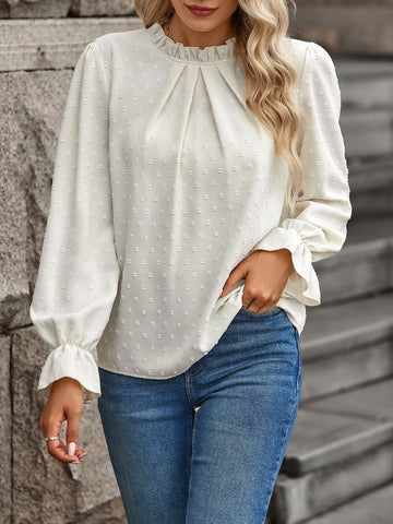 Swiss Dot Frill Trim Flounce Sleeve Blouse