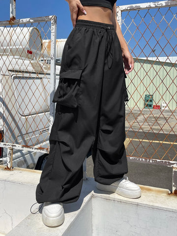 Flap Pocket Side Drawstring Waist Cargo Pants