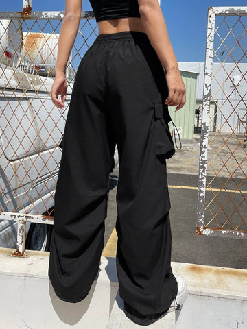 Flap Pocket Side Drawstring Waist Cargo Pants