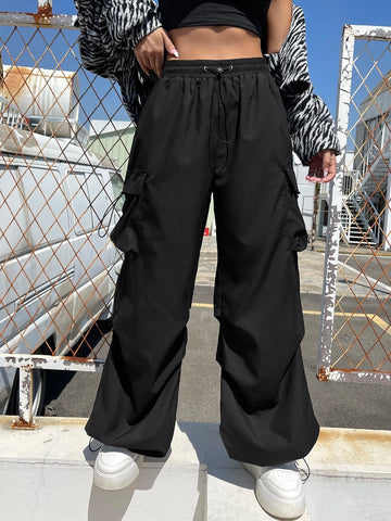 Flap Pocket Side Drawstring Waist Cargo Pants