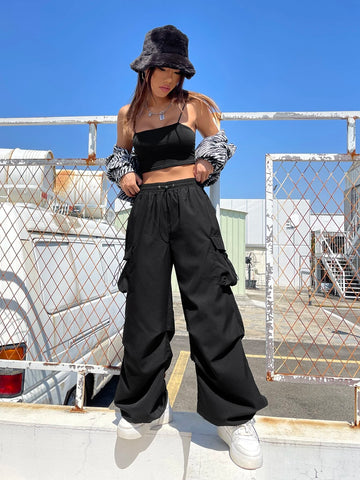 Flap Pocket Side Drawstring Waist Cargo Pants