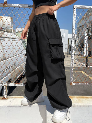 Flap Pocket Side Drawstring Waist Cargo Pants