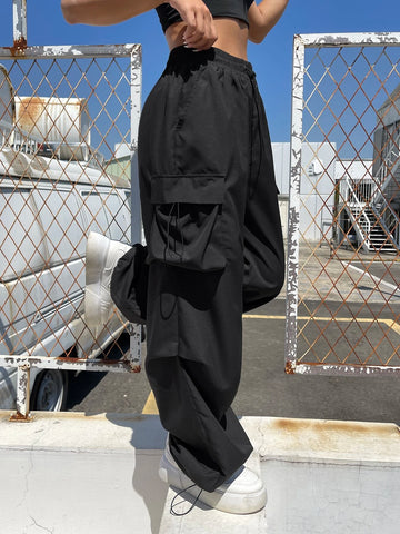 Flap Pocket Side Drawstring Waist Cargo Pants
