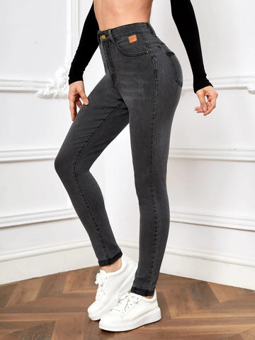High Waist Patch Detail Skinny Jeans