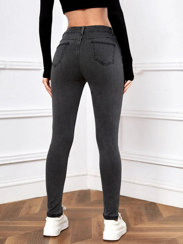 High Waist Patch Detail Skinny Jeans