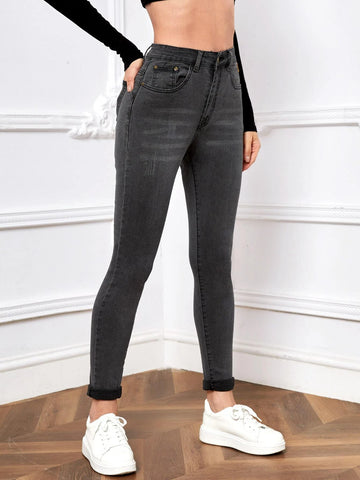 High Waist Patch Detail Skinny Jeans