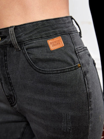 High Waist Patch Detail Skinny Jeans