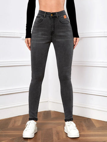 High Waist Patch Detail Skinny Jeans