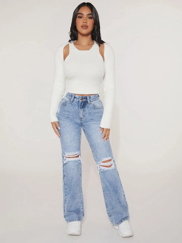 PETITE Ripped Flare Leg Jeans
