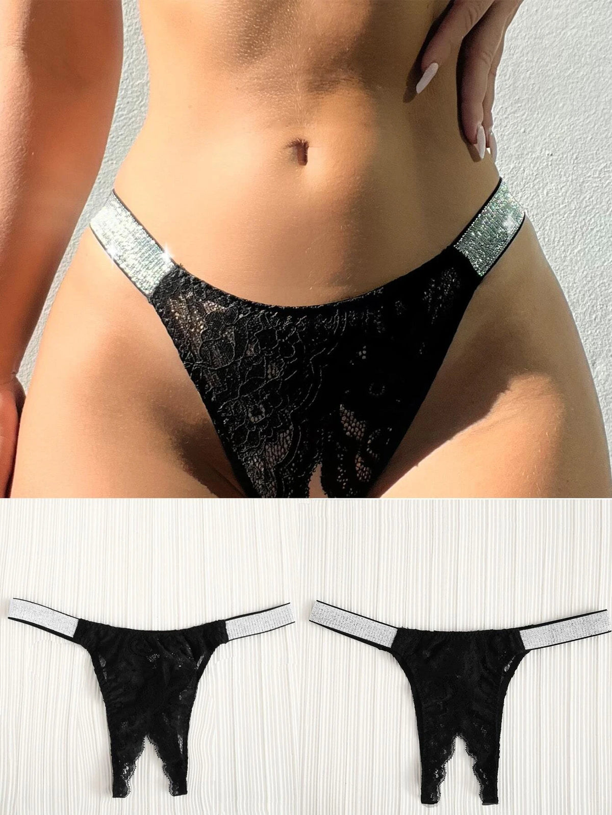 Lace Insert Contrast Tape Crotchless Thong