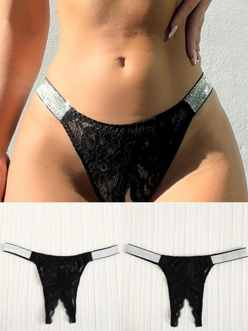 Lace Insert Contrast Tape Crotchless Thong