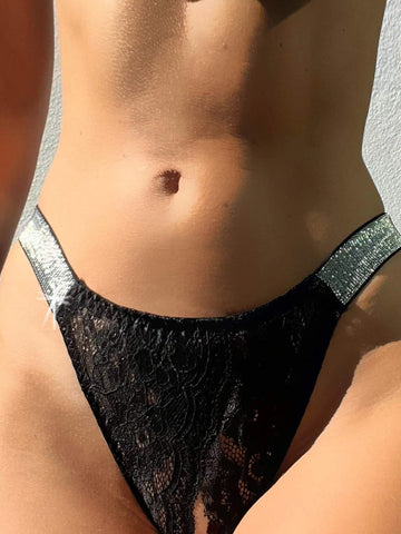 Lace Insert Contrast Tape Crotchless Thong