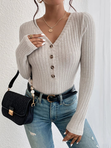 Ribbed Knit Button Front Bodysuit