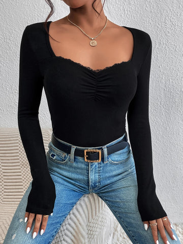 Sweetheart Neck Lace Trim Ruched Bodysuit