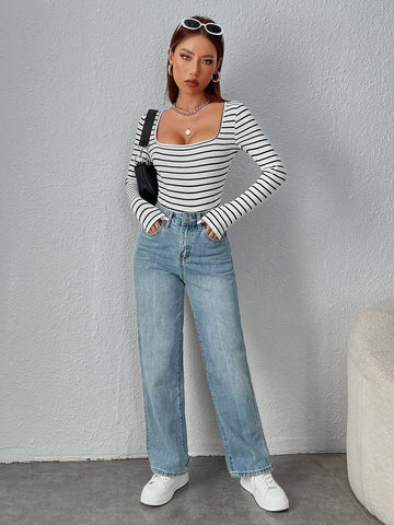 Striped Print Square Neck Bodysuit
