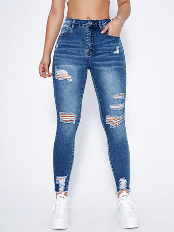 High Waist Ripped Moustache Effect Skinny Jeans