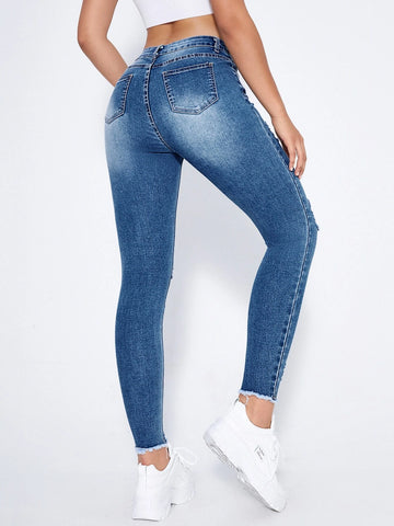 High Waist Ripped Moustache Effect Skinny Jeans
