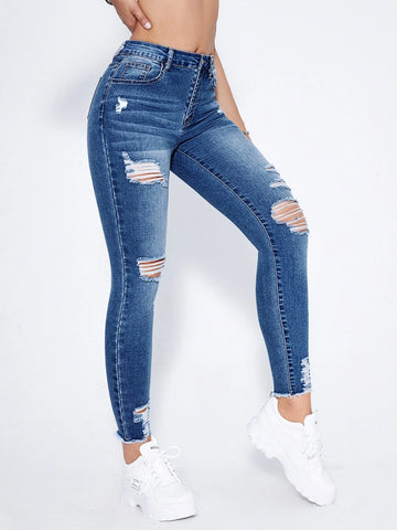 High Waist Ripped Moustache Effect Skinny Jeans