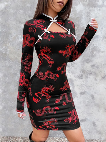 Chinese Dragon Print Frog Button Cut Out Bodycon Dress