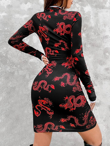 Chinese Dragon Print Frog Button Cut Out Bodycon Dress