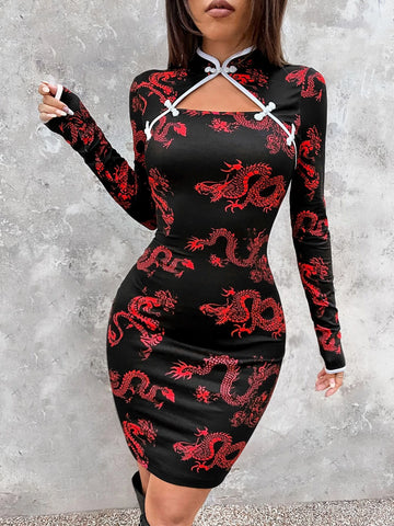 Chinese Dragon Print Frog Button Cut Out Bodycon Dress