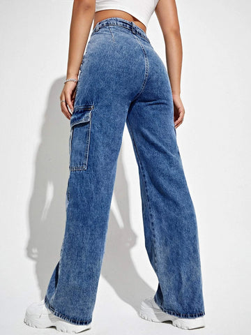 High Waisted Flap Pocket Cargo Jeans