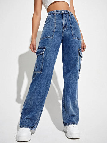 High Waisted Flap Pocket Cargo Jeans