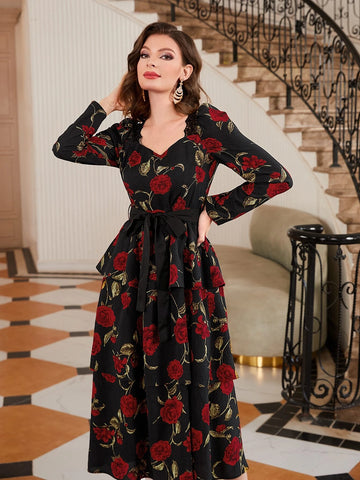 Floral Print Sweetheart Neck Belted Dress