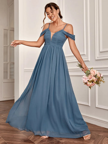 Mesh Insert Cold Shoulder Chiffon Bridesmaid Dress