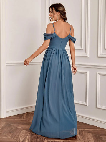 Mesh Insert Cold Shoulder Chiffon Bridesmaid Dress