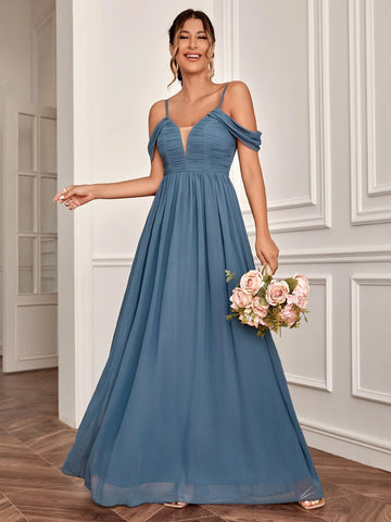 Mesh Insert Cold Shoulder Chiffon Bridesmaid Dress