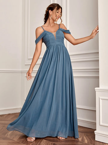 Mesh Insert Cold Shoulder Chiffon Bridesmaid Dress