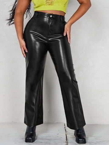 Zipper Fly PU Flare Leg Pants
