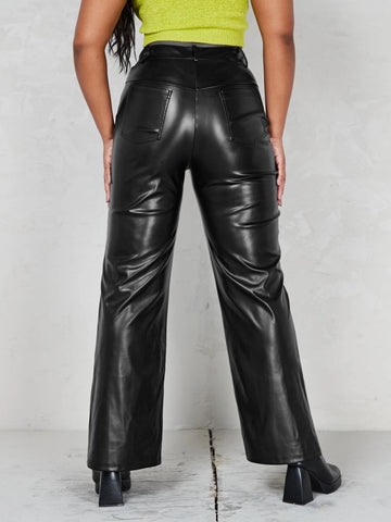 Zipper Fly PU Flare Leg Pants