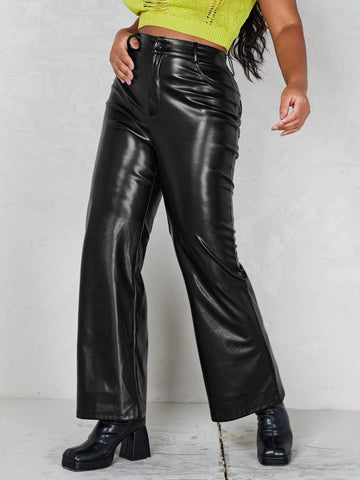 Zipper Fly PU Flare Leg Pants