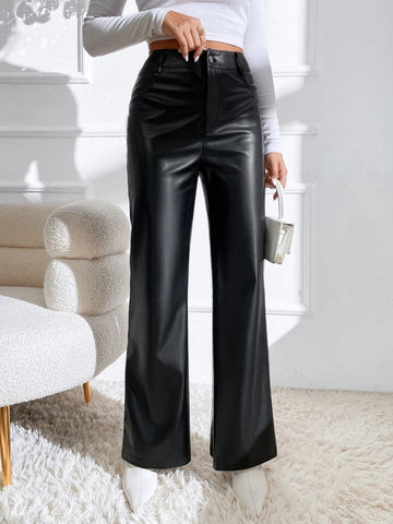 Zipper Fly PU Flare Leg Pants