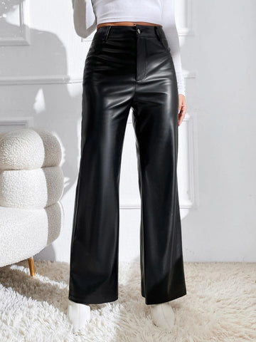 Zipper Fly PU Flare Leg Pants