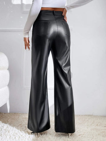 Zipper Fly PU Flare Leg Pants