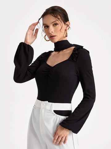 Choker Neck Ruffle Trim Lantern Sleeve Bodysuit